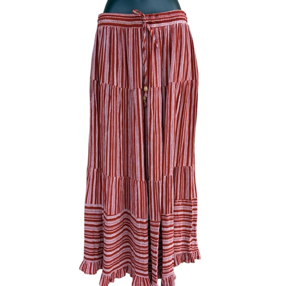 DAVI & DANI RUST STRIPE
RUFFLE CASUAL PANT sz small pockets preloved boho - Picture 11 of 13